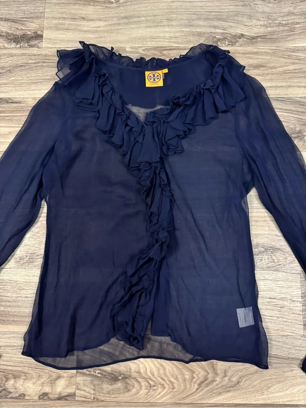 Tory Burch 100% Silk Sheer Ruffle-Trim Button Front Blouse in Navy Blue Size 8